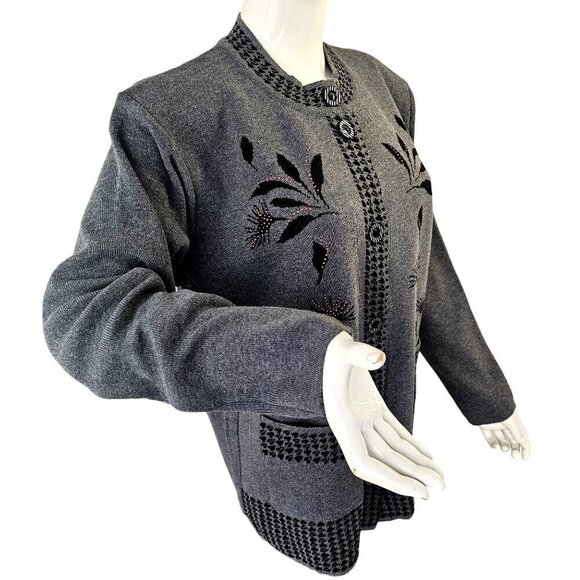 T-C Fashion Gray Embellished Cardigan Womens XL Acrylic Knit Black Embroidery - Picture 1 of 7